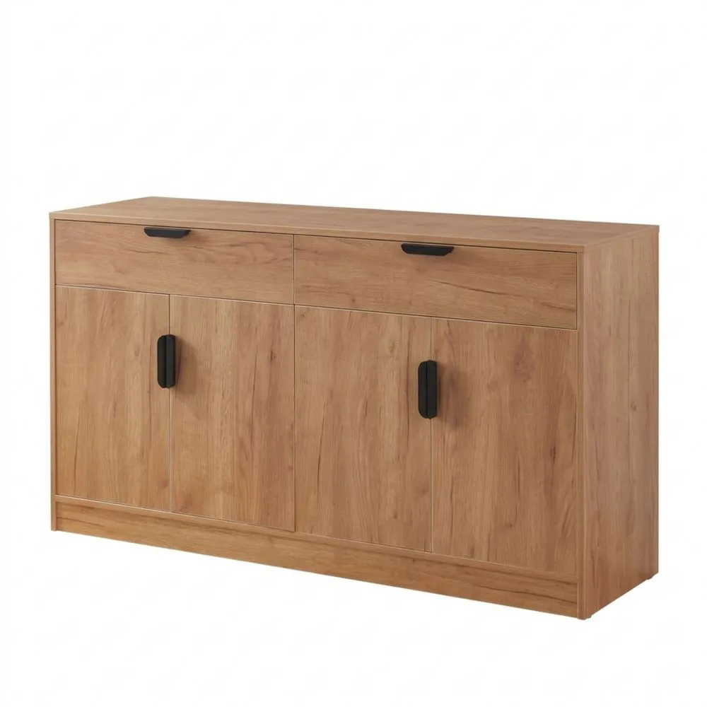 Aparador versátil y elegante con 4 puertas y 2 cajones para salón, cocina, dormitorio o pasillo, MDF 75 x 140 x 40 cm – Roble