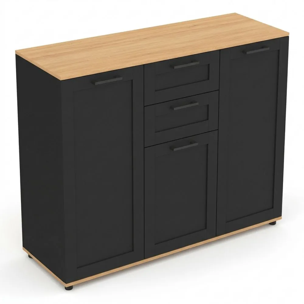 Aparador de 100 cm con 3 Puertas y 2 Cajones en Negro y Madera