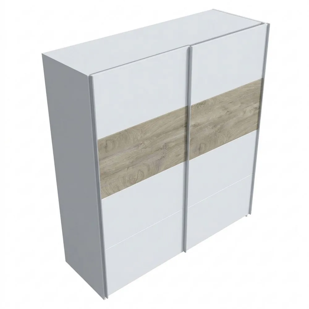 Armario Dormitorio 2 Puertas Correderas Estilo Nórdico Blanco y Roble Claro 180 x 200 cm