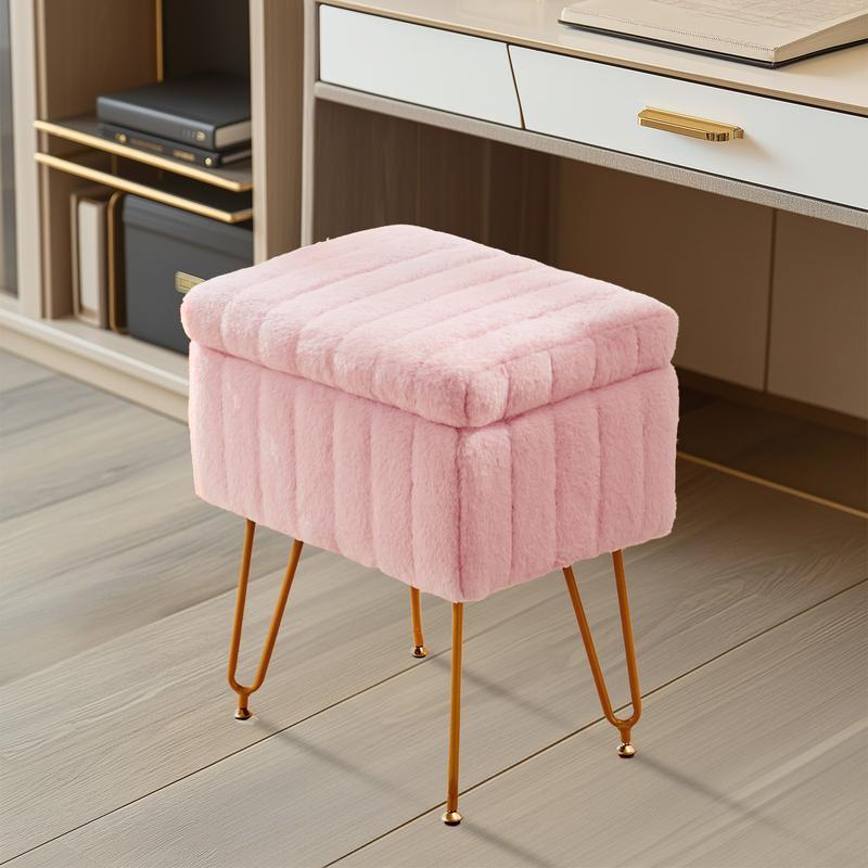 【Deal】Vanity Stool Chair with Storage, Ottoman Faux Fur Soft Padded Makeup Footstools Seat with 4 Metal Legs Anti-Slip Adjustable Feet
