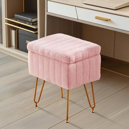 【Deal】Vanity Stool Chair with Storage, Ottoman Faux Fur Soft Padded Makeup Footstools Seat with 4 Metal Legs Anti-Slip Adjustable Feet