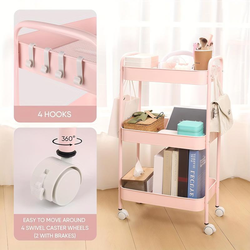 3-Tier Rolling Utility Cart with Wheels, Space-Saving Storage Organizer for Kitchen, Bathroom, Office and Dorm, Easy Assembly