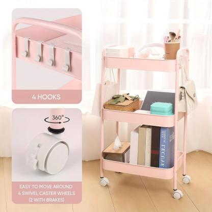 3-Tier Rolling Utility Cart with Wheels, Space-Saving Storage Organizer for Kitchen, Bathroom, Office and Dorm, Easy Assembly