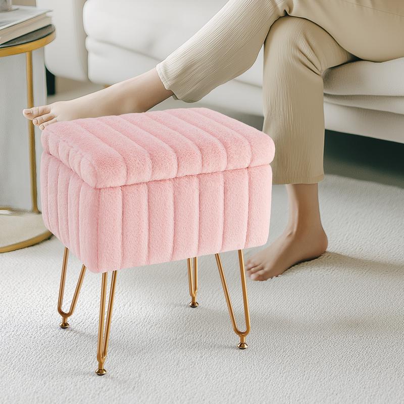 【Deal】Vanity Stool Chair with Storage, Ottoman Faux Fur Soft Padded Makeup Footstools Seat with 4 Metal Legs Anti-Slip Adjustable Feet