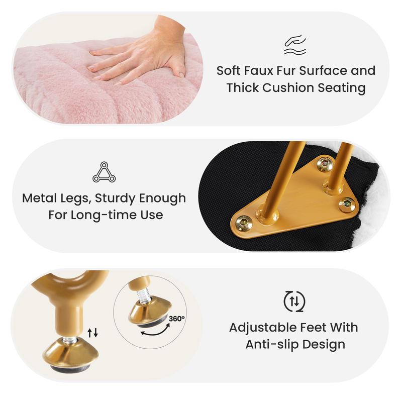 【Deal】Vanity Stool Chair with Storage, Ottoman Faux Fur Soft Padded Makeup Footstools Seat with 4 Metal Legs Anti-Slip Adjustable Feet