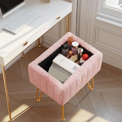 【Deal】Vanity Stool Chair with Storage, Ottoman Faux Fur Soft Padded Makeup Footstools Seat with 4 Metal Legs Anti-Slip Adjustable Feet