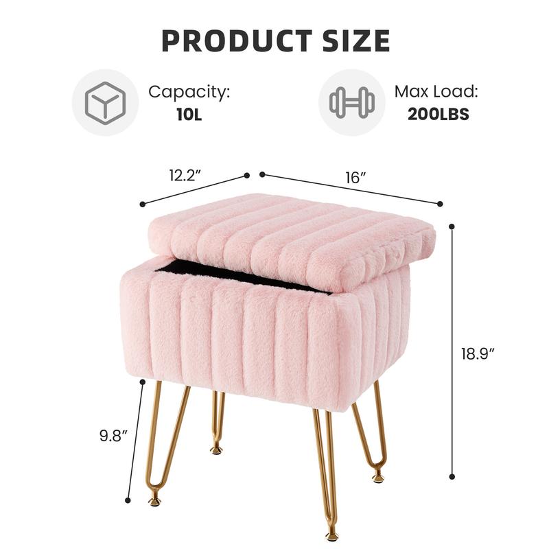 【Deal】Vanity Stool Chair with Storage, Ottoman Faux Fur Soft Padded Makeup Footstools Seat with 4 Metal Legs Anti-Slip Adjustable Feet