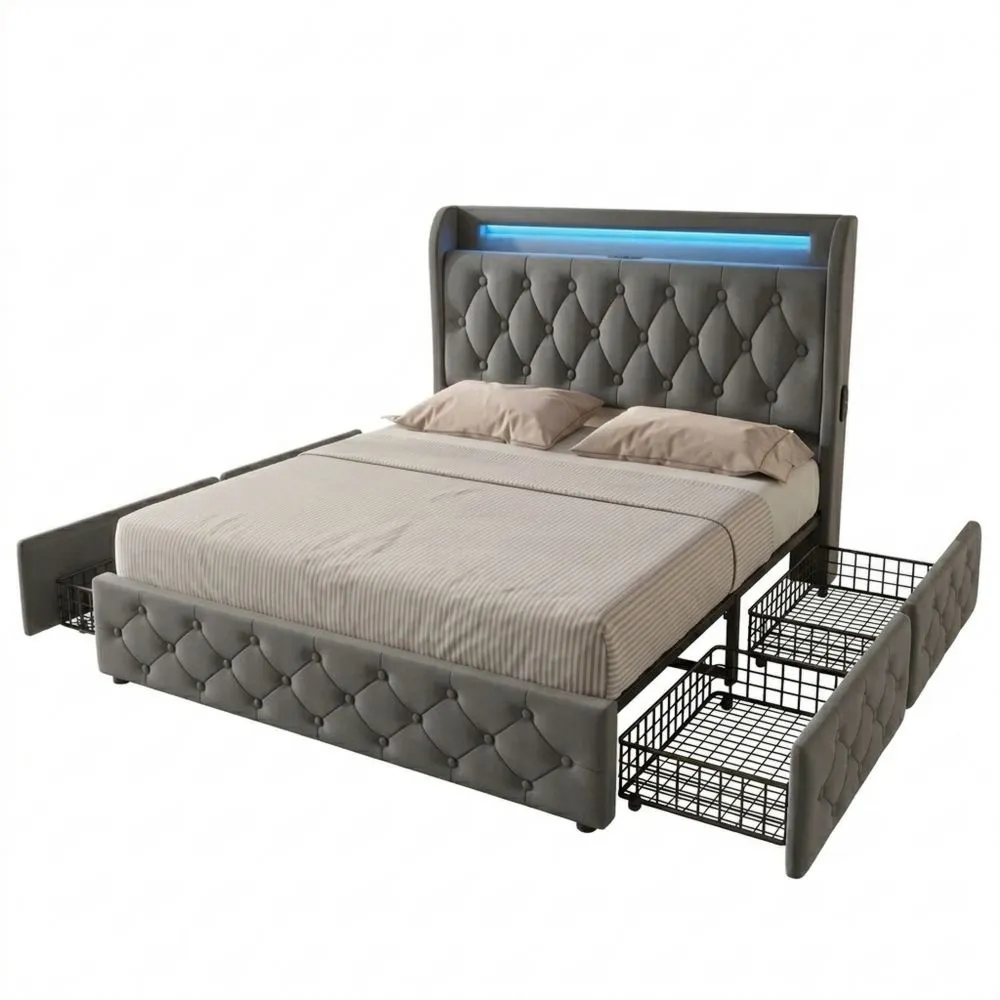 Cama Doble Tapizada con LED y USB, Almacenamiento y Cabecero, Sin Colchón, Terciopelo Gris