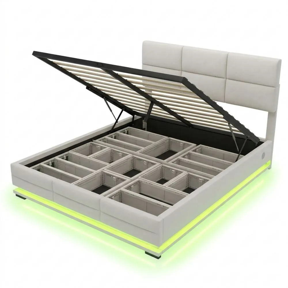 Cama Doble con LED, Puertos USB y Almacenamiento hidráulico