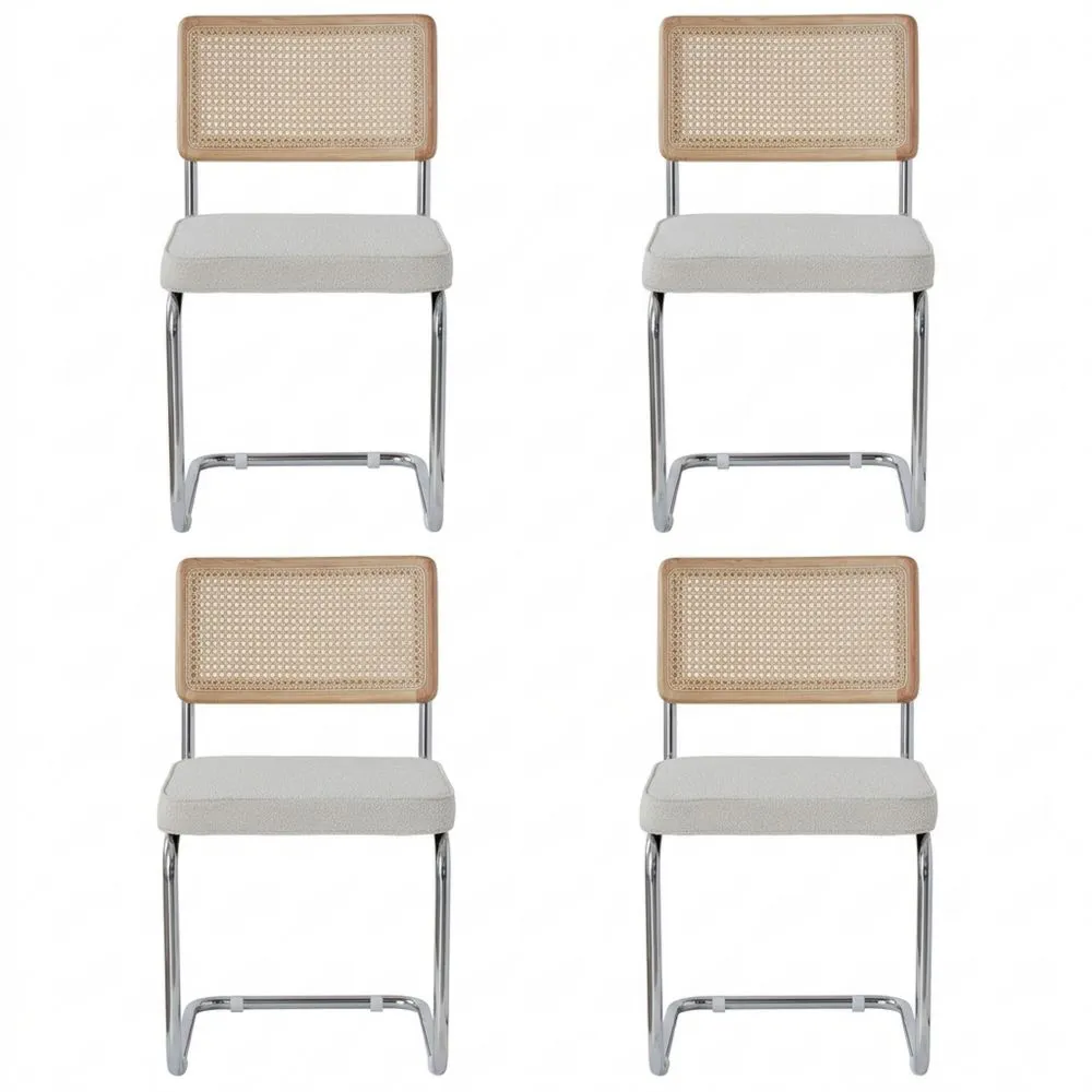 Conjunto de 4 Sillas de Comedor Estilo Nórdico con Respaldo de Ratán y Asiento Acolchado en Blanco Polar