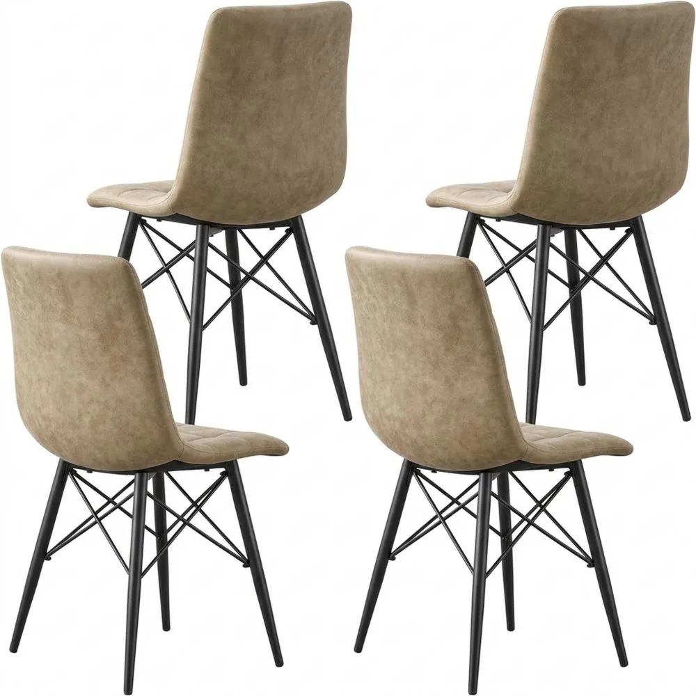 Conjunto de 4 Sillas de Comedor de Tela Técnica con Base Metálica para Salas y Cocinas, Marrón Amarillento