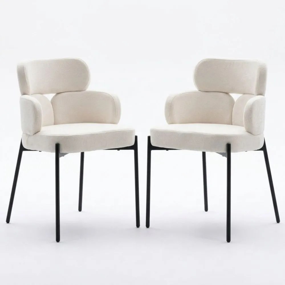 Sillas de Comedor Modernas de Chenille con Respaldo, Juego de 2, Patas Metálicas Negras, Beige