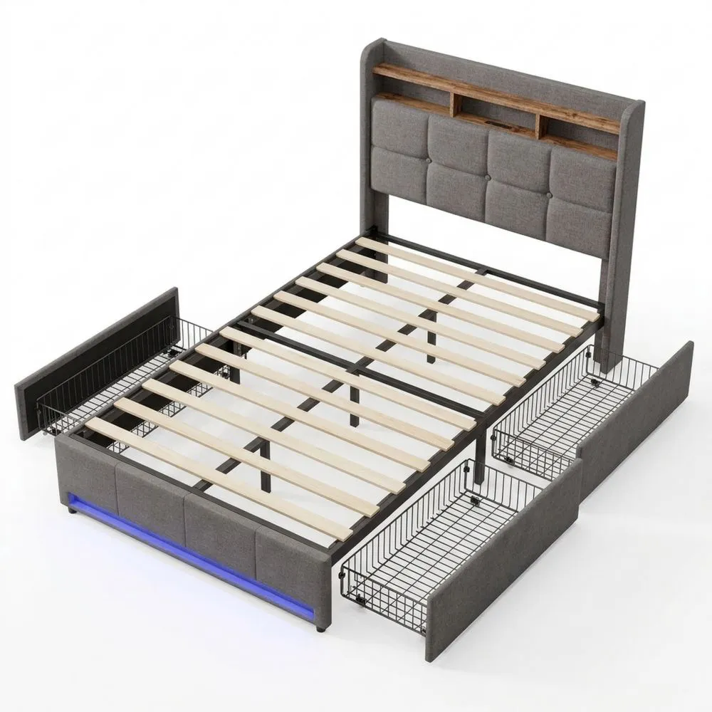 Cama Juvenil 90 x 200 cm con LED, Espacio de Almacenamiento, 2 Cajones, Cabecero con Carga USB, Tapizado en Lino Gris