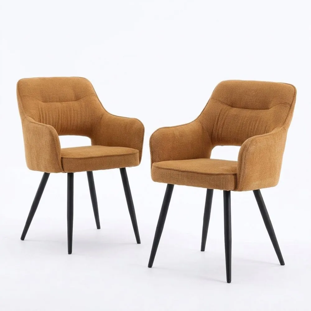 Sillas de Comedor Elegantes de Chenille con Respaldo Recortado, Juego de 2, Patas Metálicas, Amarillas