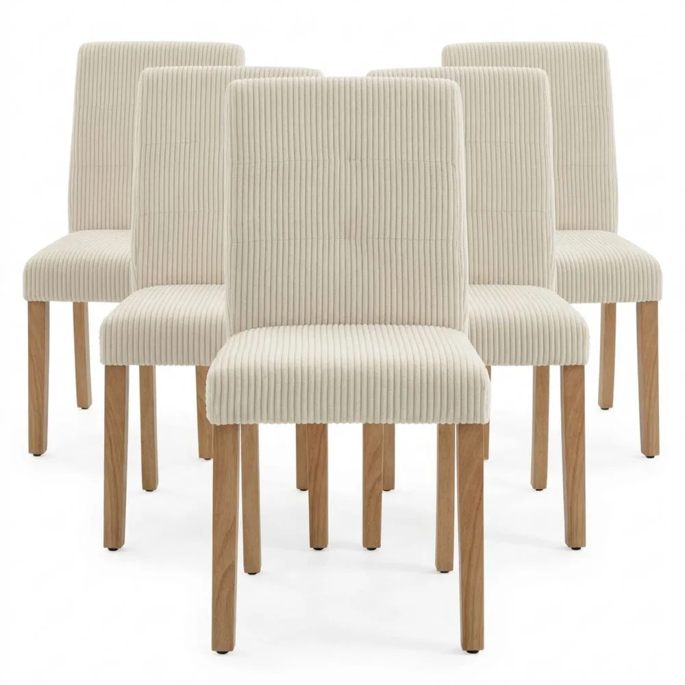 Conjunto de 4 sillas de comedor modernas de respaldo alto, asiento tapizado en pana, patas de madera, beige