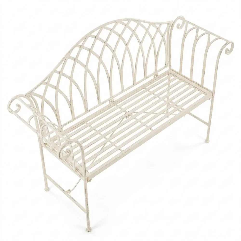 Banco de jardín de metal blanco 2 plazas con reposabrazos estilo vintage