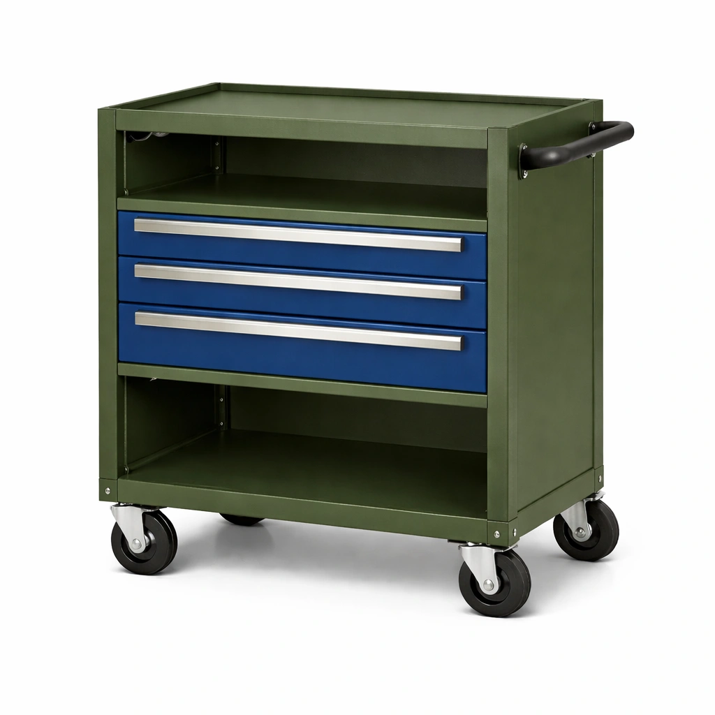 Werkstattwagen stahl olivgrün blau mit drei schubladen und rollen-ROOMFINO