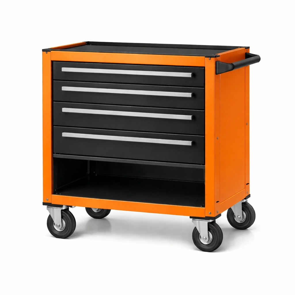 Werkstattwagen metall schwarz orange mit vier schubladen und schwenkrollen-ROOMFINO
