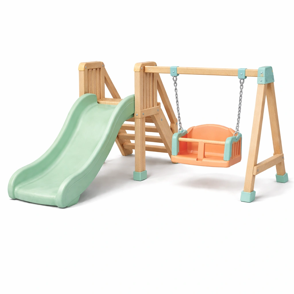 Kinderspielgerät set für kinder mit holz kunststoff rutsche und schaukel mintgrün orange naturholz-ROOMFINO