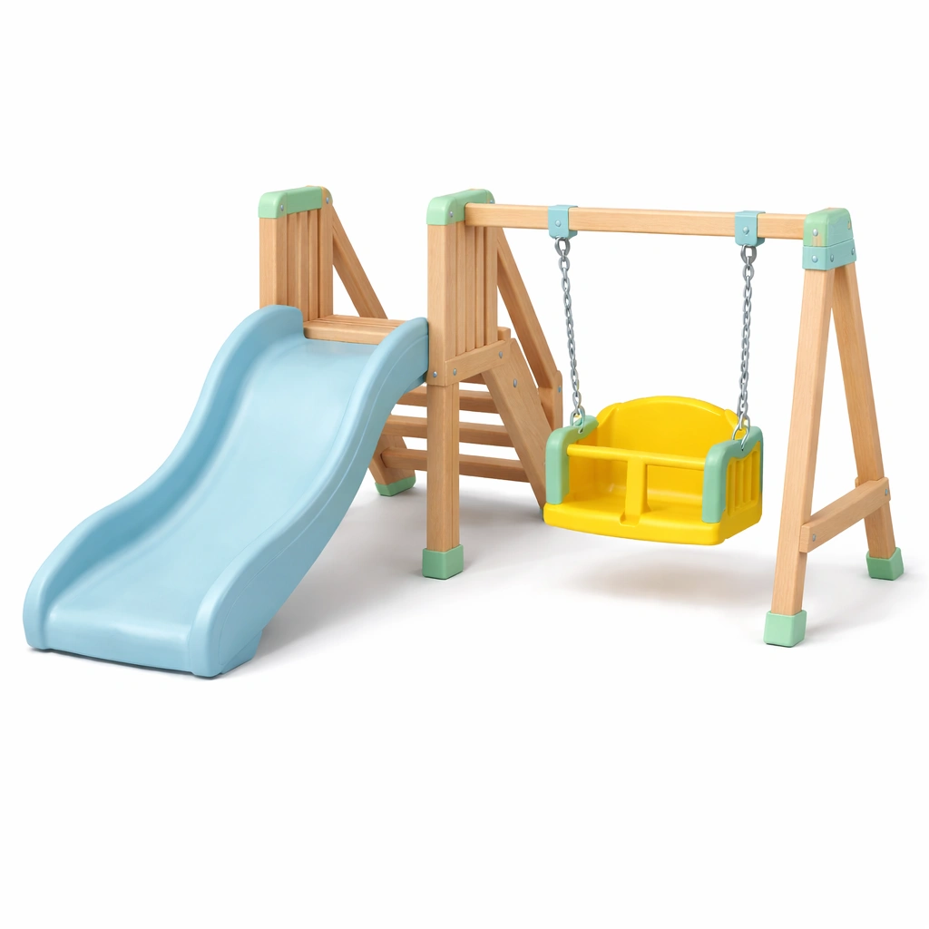 Kinderspielgerät kinderrutsche und schaukel kombination aus holz und kunststoff blau gelb-ROOMFINO