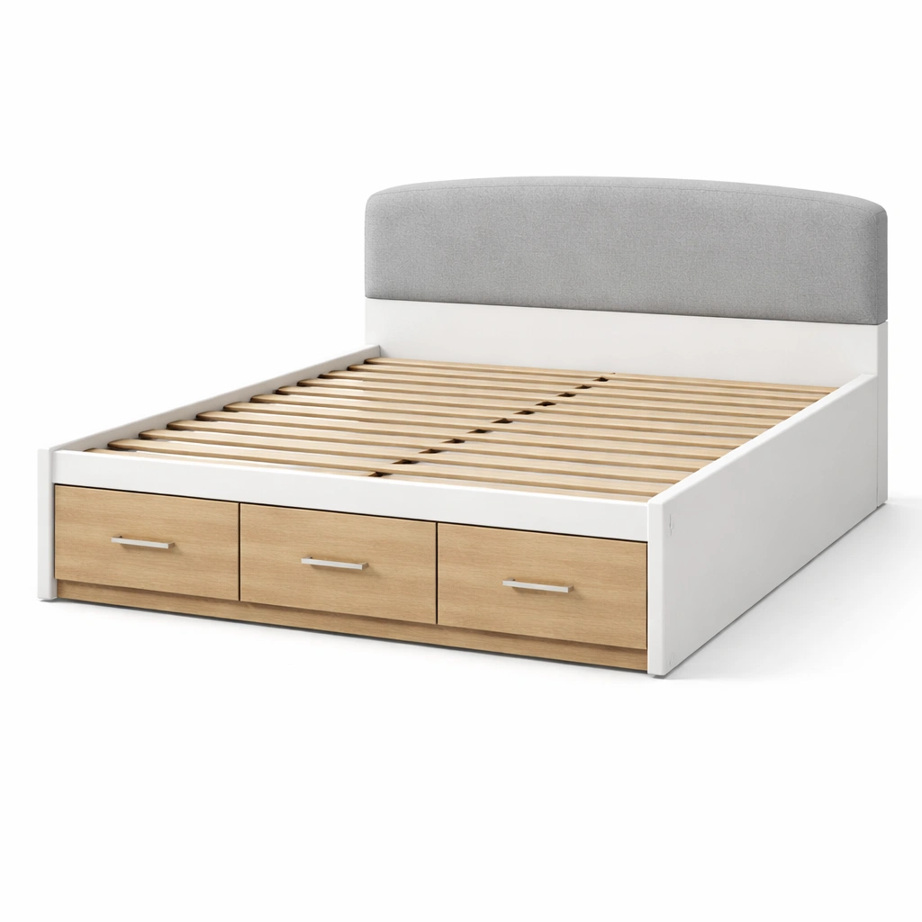 Bett mit stauraum doppelbett mit polsterkopfteil und holzschubladen-LIVCINO
