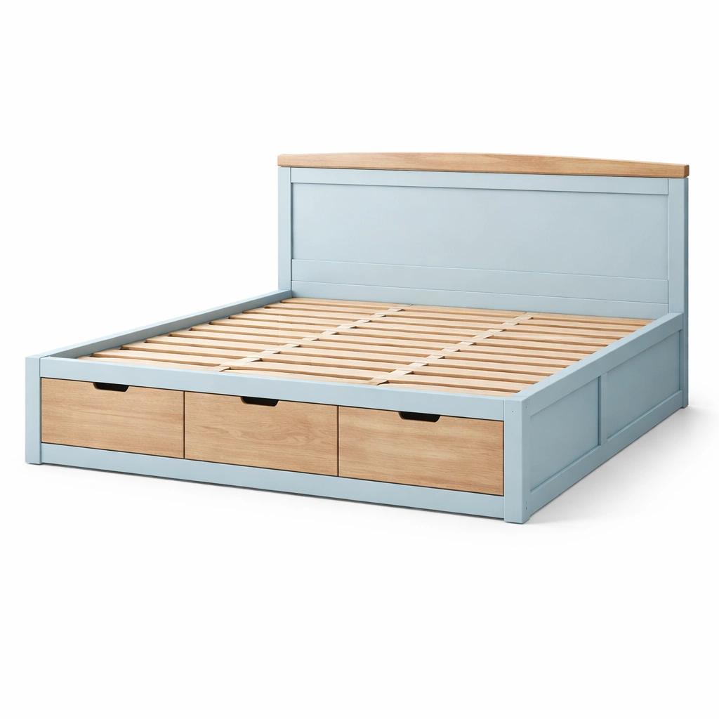 Bett mit stauraum aus massivholz mit schubladen hellblau-LIVCINO