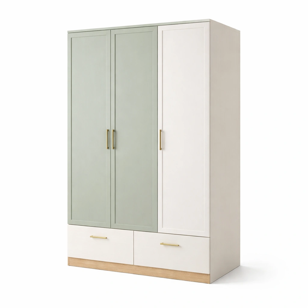 Kleiderschrank aus mdf mit metallgriffen drei türen zwei schubladen weiß grün-LIVCINO