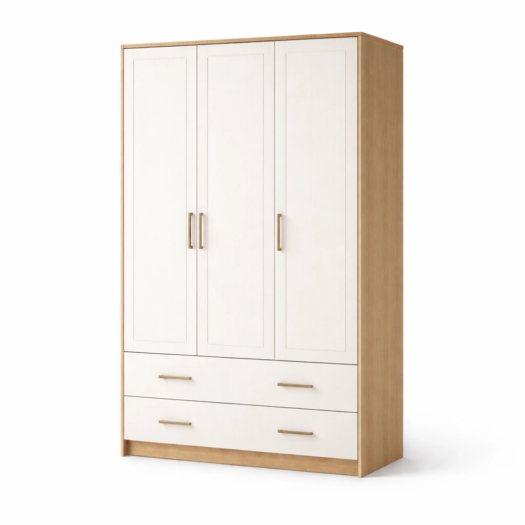 Kleiderschrank mdf weiß eiche mit drei türen und zwei schubladen-LIVCINO