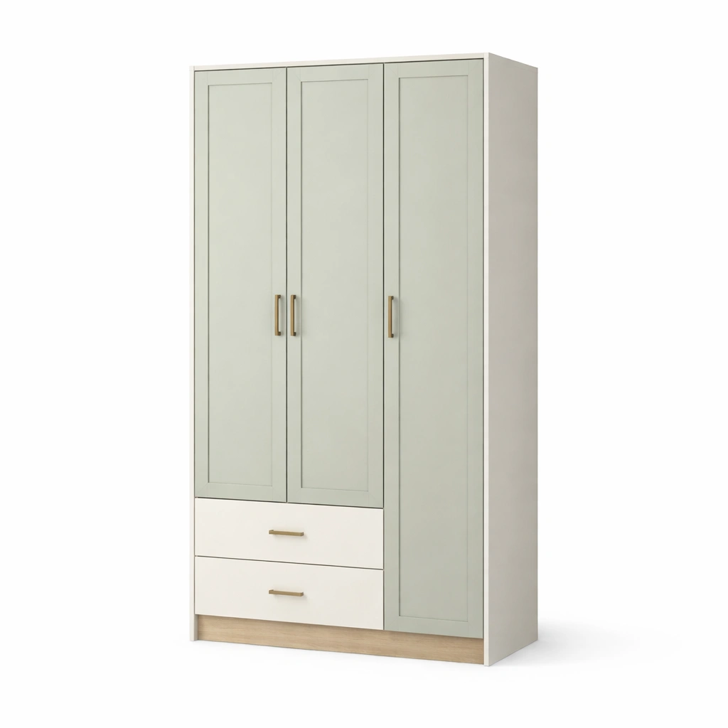 Kleiderschrank holz mit drei türen und zwei schubladen weiß salbei-LIVCINO
