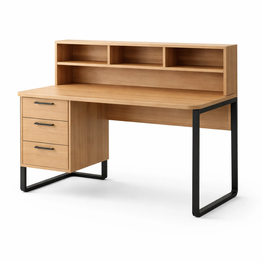 Schreibtisch aus holz mit regalen und metallrahmen drei schubladen-LIVCINO