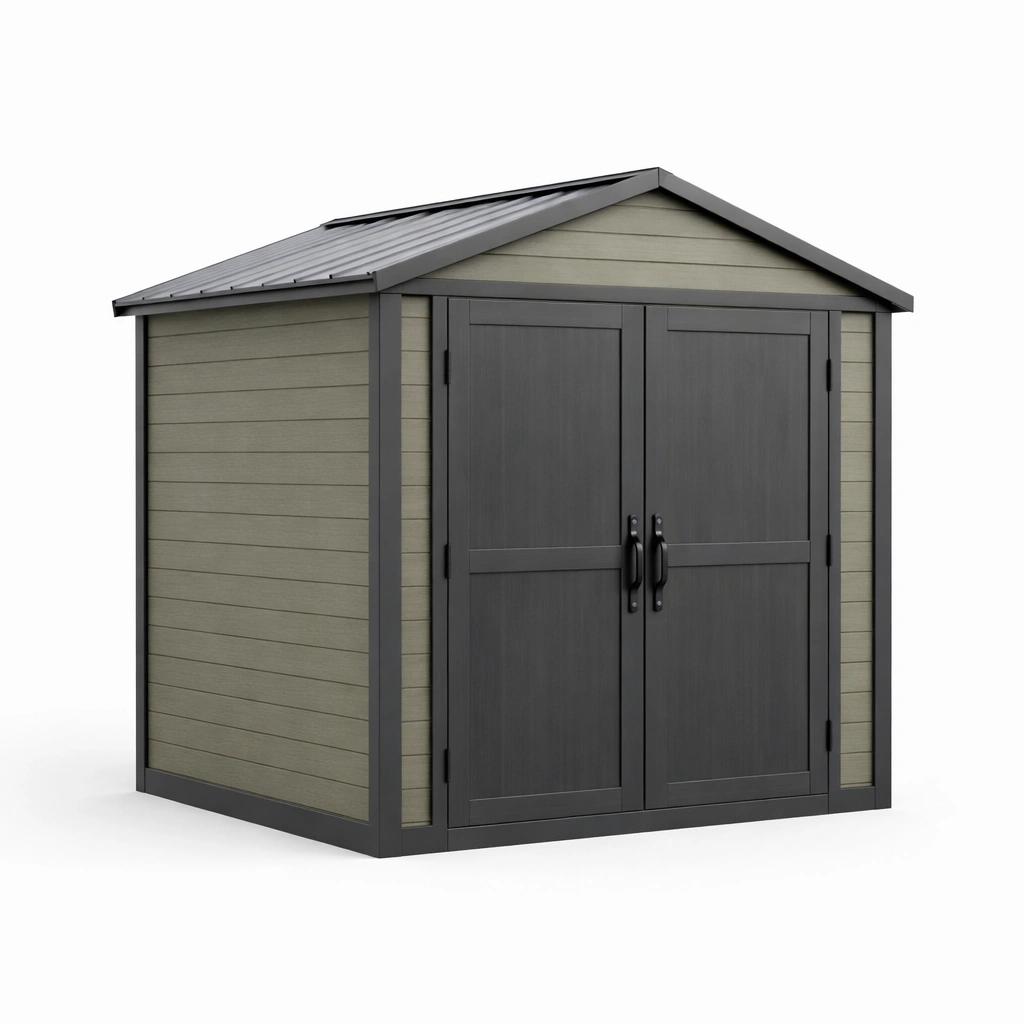 Gartenhaus kunststoff mit doppeltüren aus polypropylen grau beige 256x130x243 cm-HOMSENO