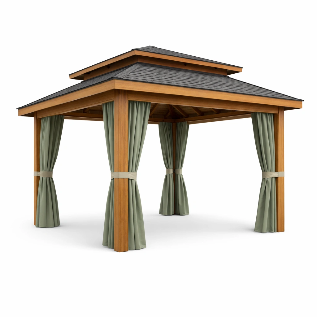 Pavillon holz mit polyestervorhängen und bitumendach-HOMSENO