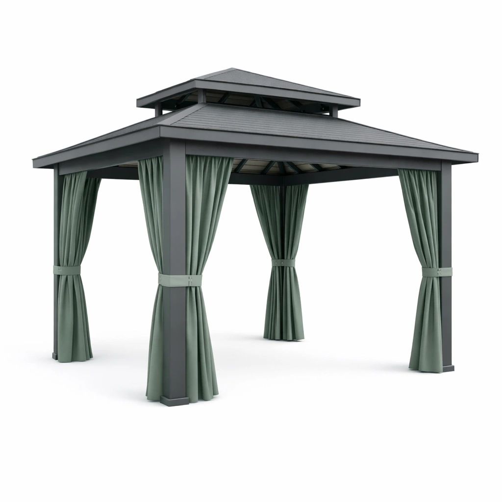 Pavillon aluminiumstruktur mit polyestervorhängen grau grün-HOMSENO