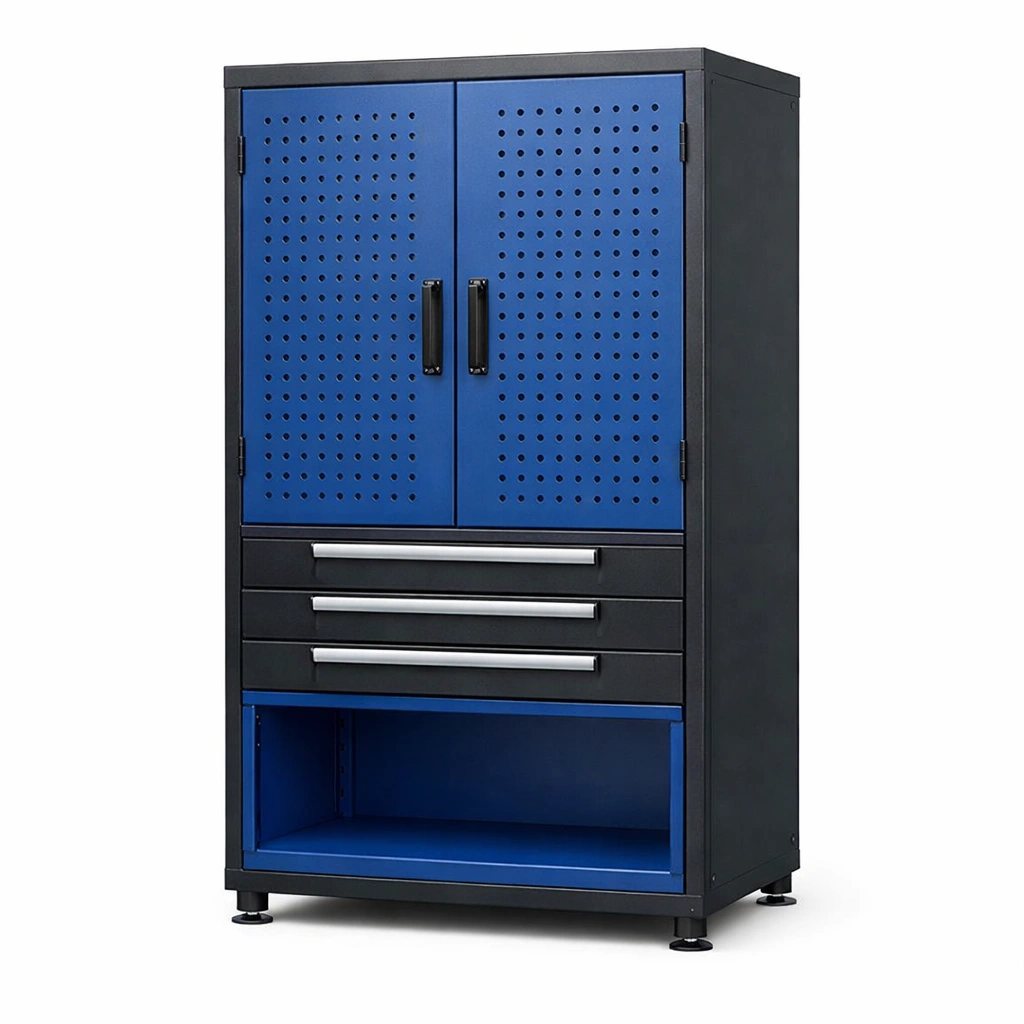 Werkzeugschrank stahl mit türen und schubladen blau schwarz-HOMSENO