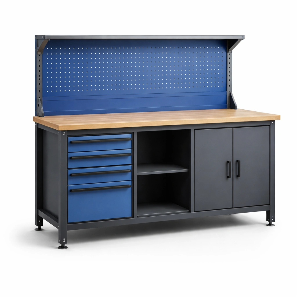 Werkbank metall mdf platte blau schwarz 180x90x150 cm-HOMSENO