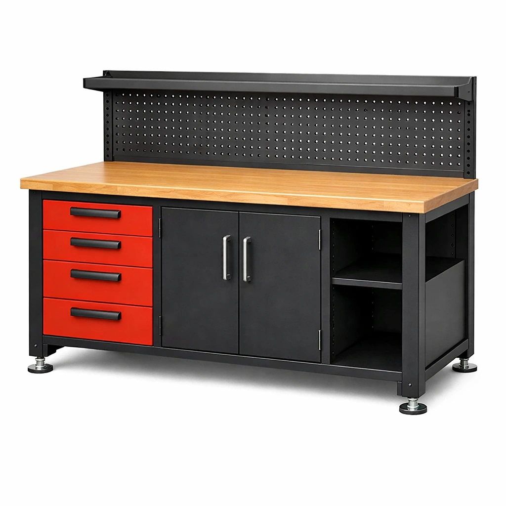 Werkbank holz metall schwarz rot mit schubladen und türen-HOMSENO