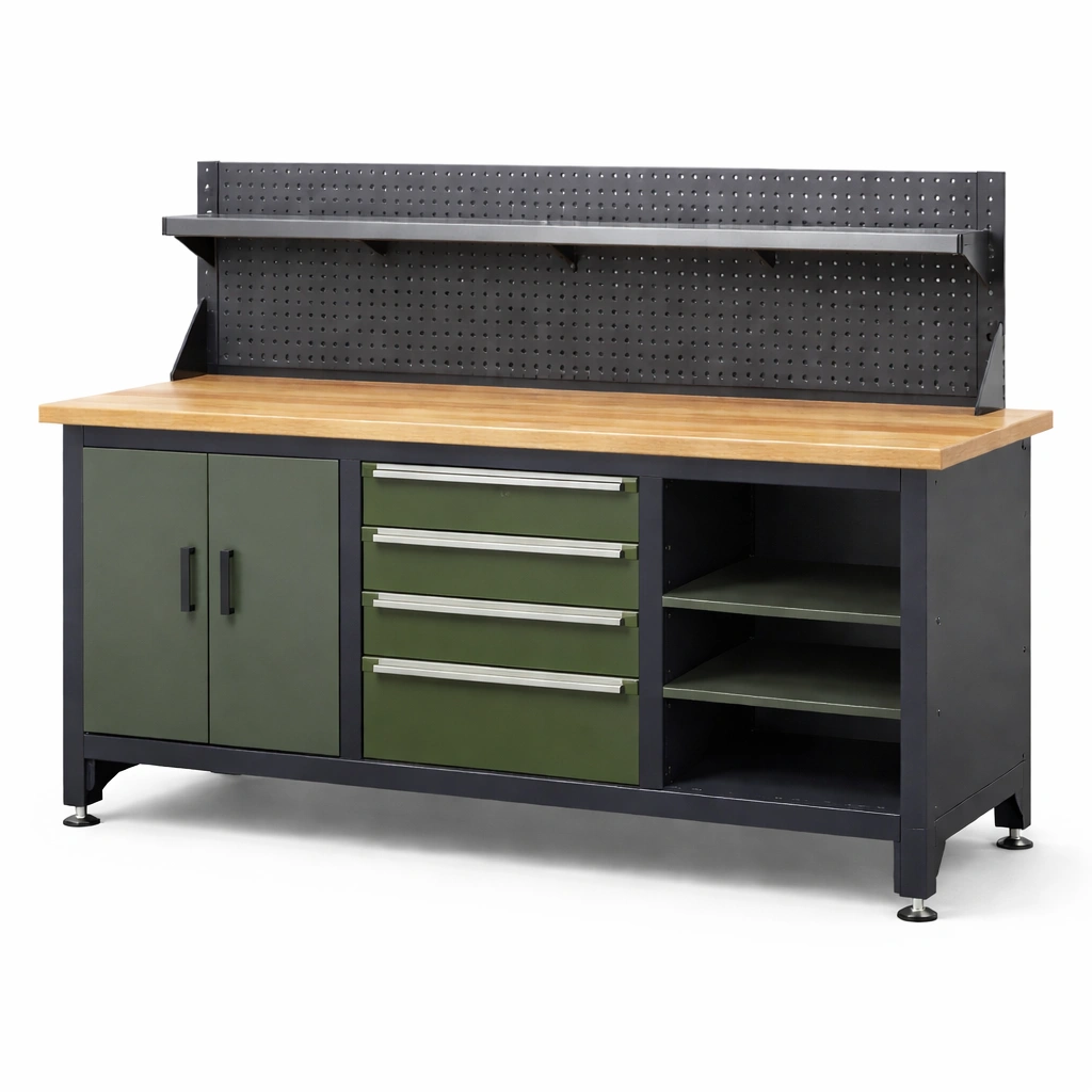 Werkbank stahl mit schrank und schubladen 200x60x160 cm-HOMSENO