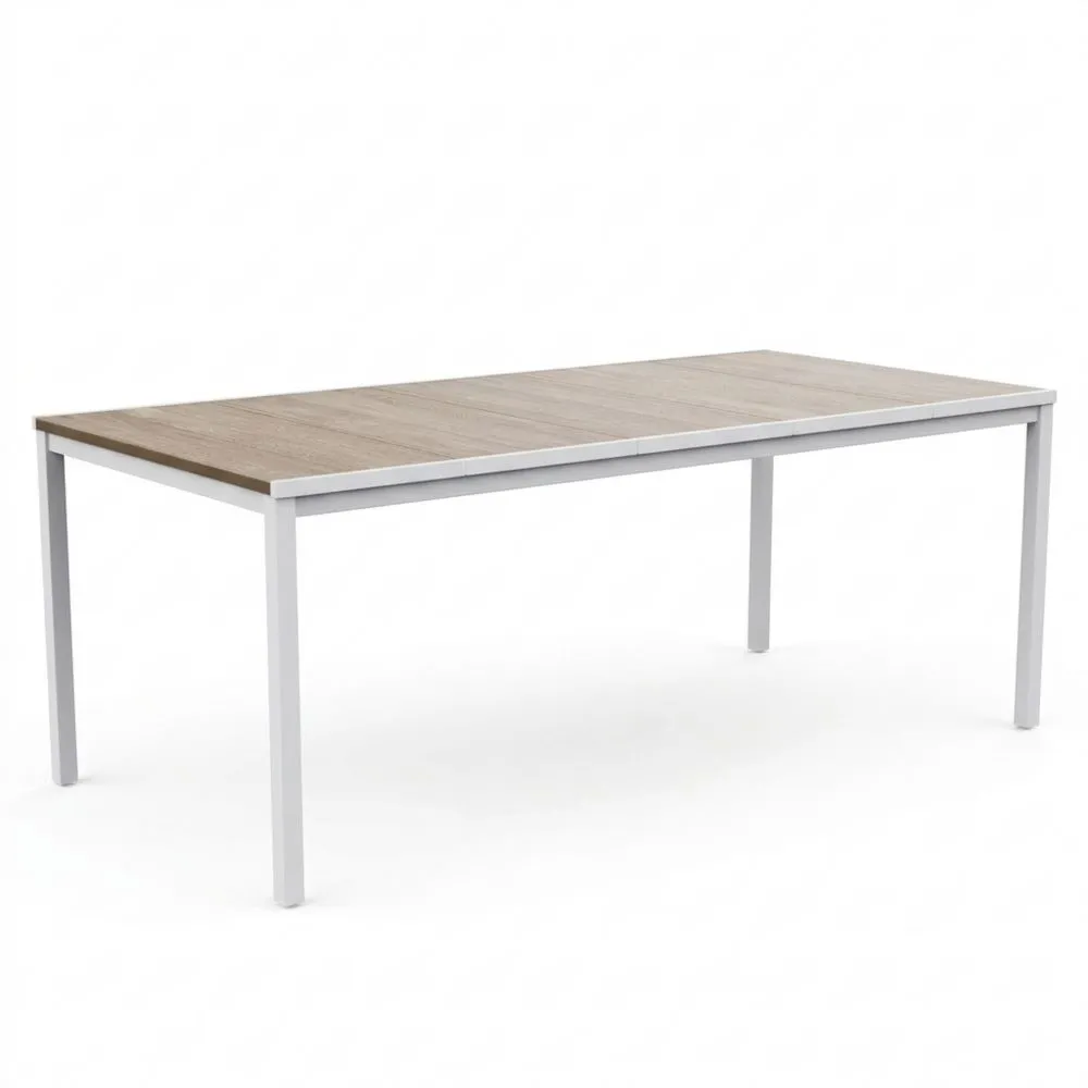 Mesa de Comedor Exterior Rectangular para Jardín, Terraza, Capacidad para 8 Personas, Acabado de Efecto Madera, Marco Blanco