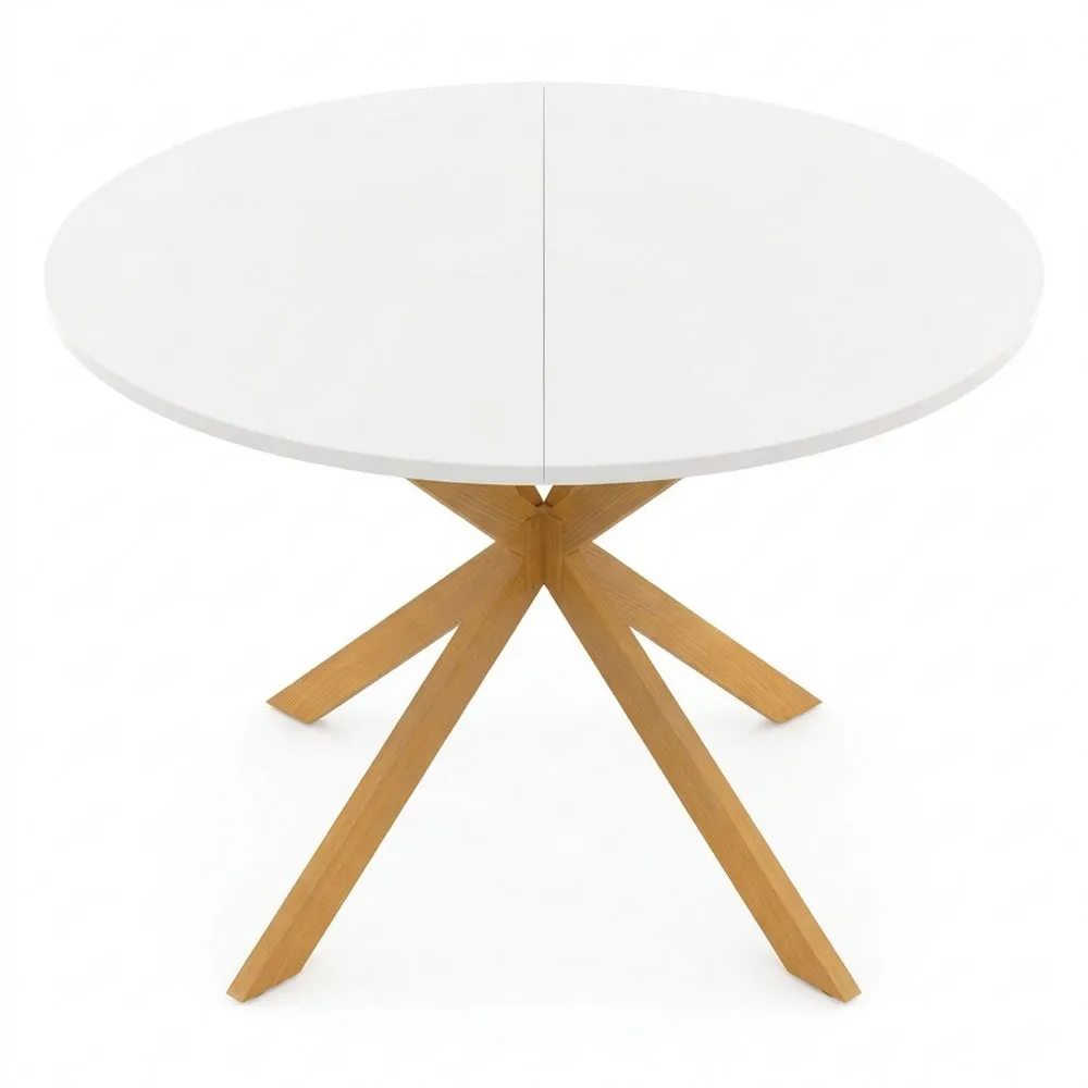 Mesa Redonda de Comedor para 6 Personas, Patas de Madera, Superficie Blanca 110cm