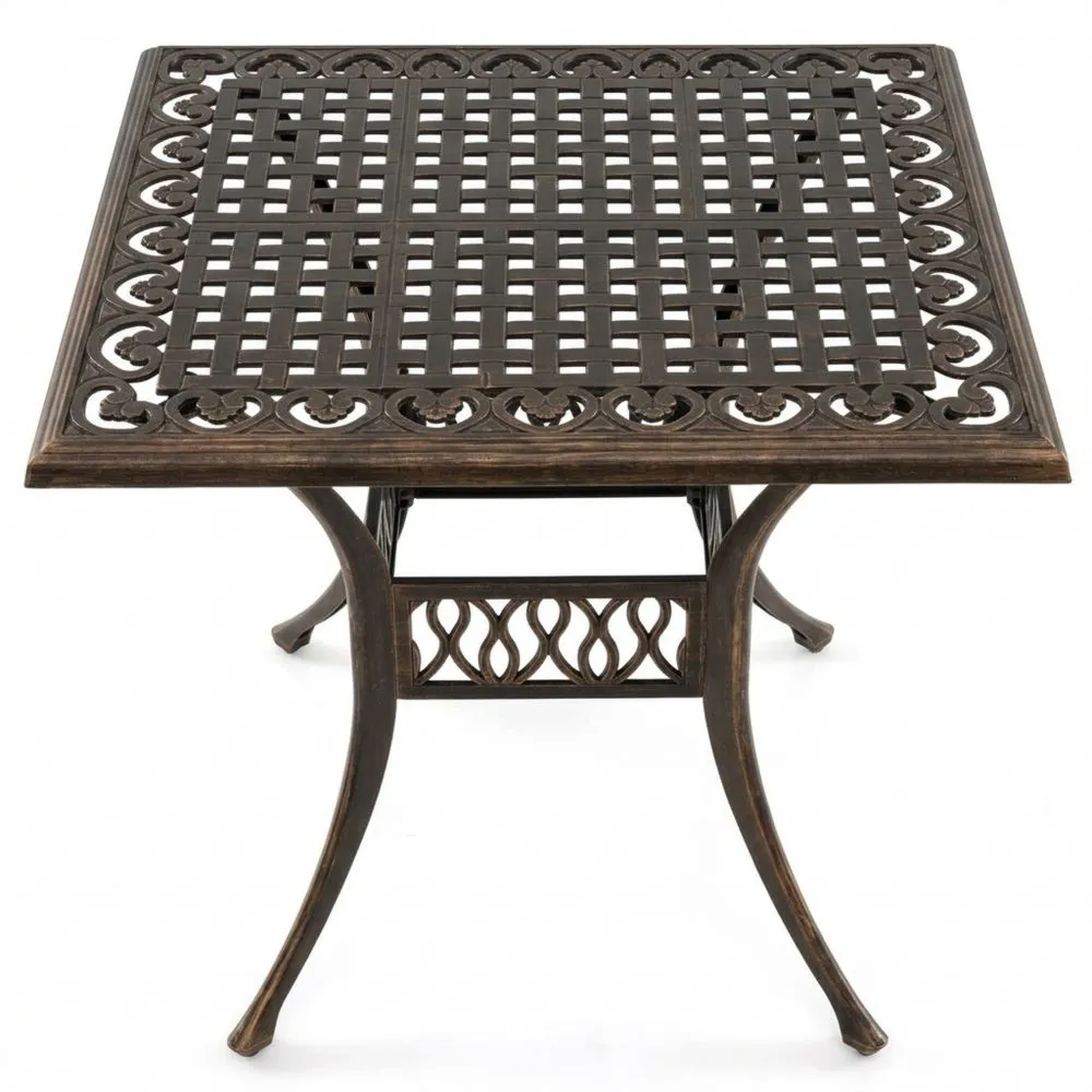 Mesa de Jardín Exterior Cuadrada con Orificio para Sombrilla, Aluminio Fundido, Terraza y Balcón, Carga 75 kg, Negro y Bronce