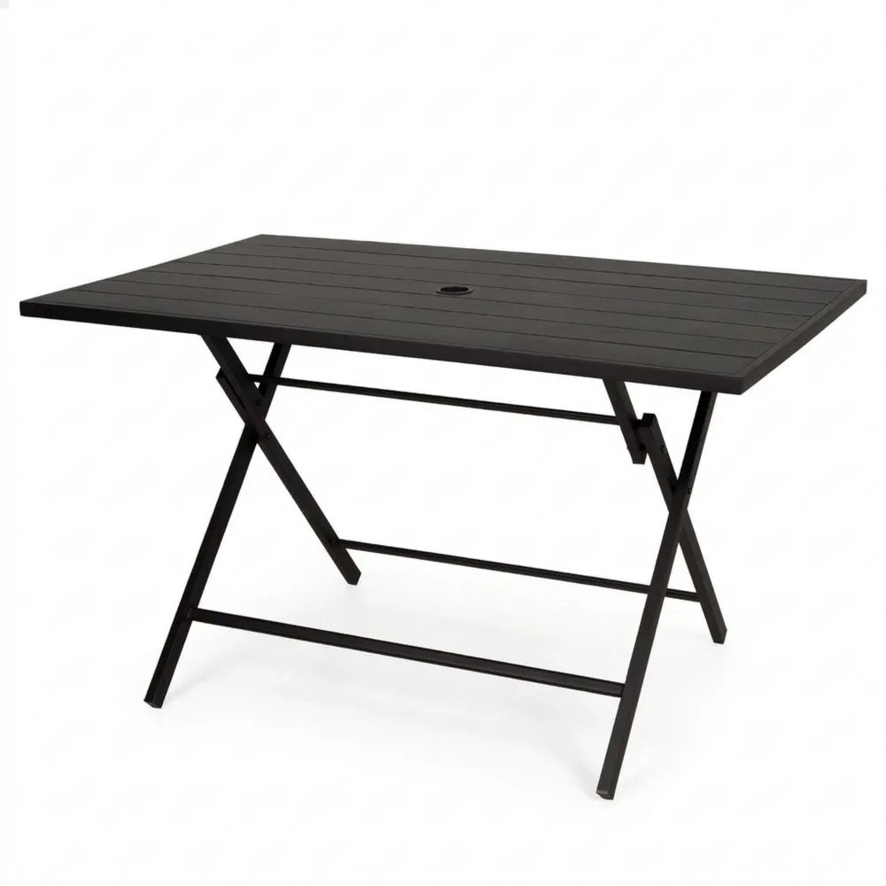Mesa de Jardín Plegable para 4 Personas, Acero Negro Resistente, con Agujero para Sombrilla