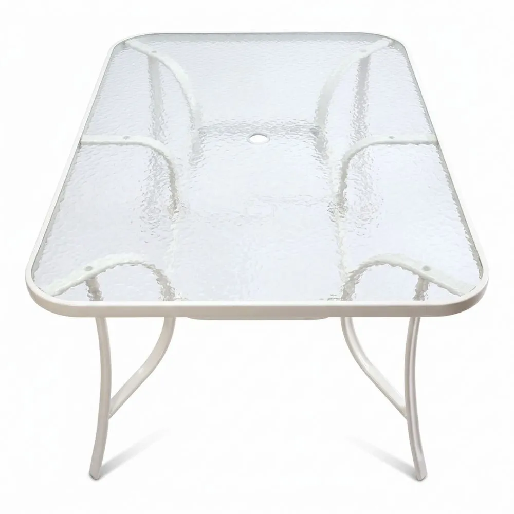 Mesa de Metal Rectangular con Base de Vidrio Texturizado para Exteriores, 70cm x 150cm, Blanco