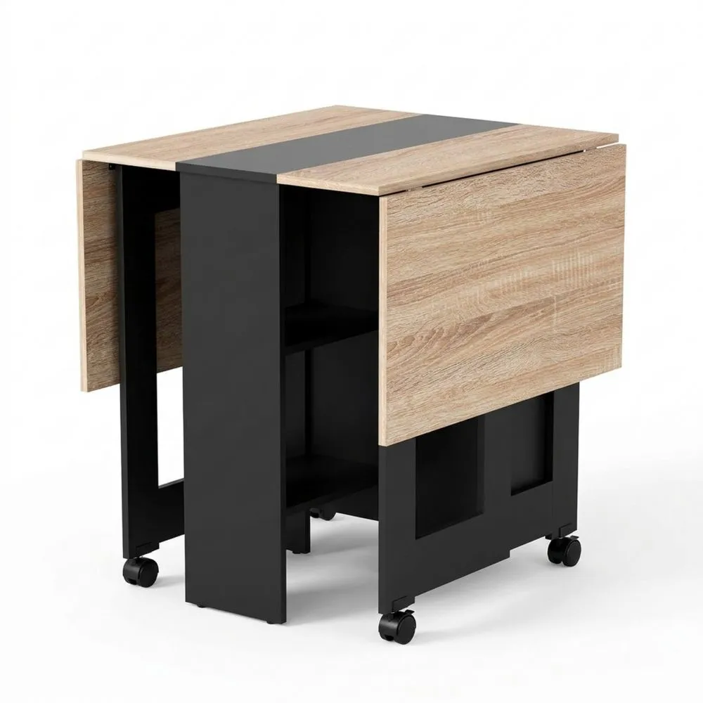 Mesa de Comedor Plegable con Ruedas y Estantes para 4-6 Personas