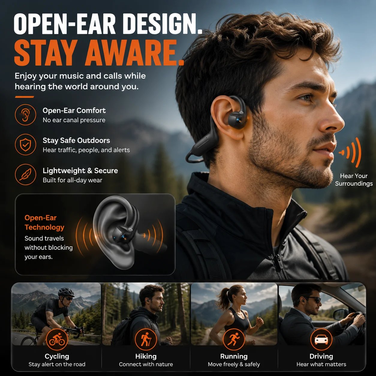 Open-ear smart camera headset audio for outdoor awareness