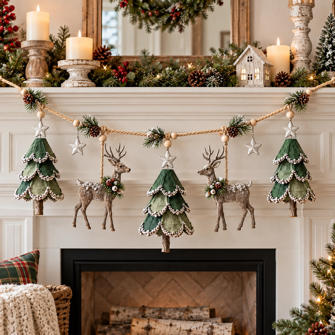 Woodland garland showing three trees, two deer, stars, beads, and snowy details