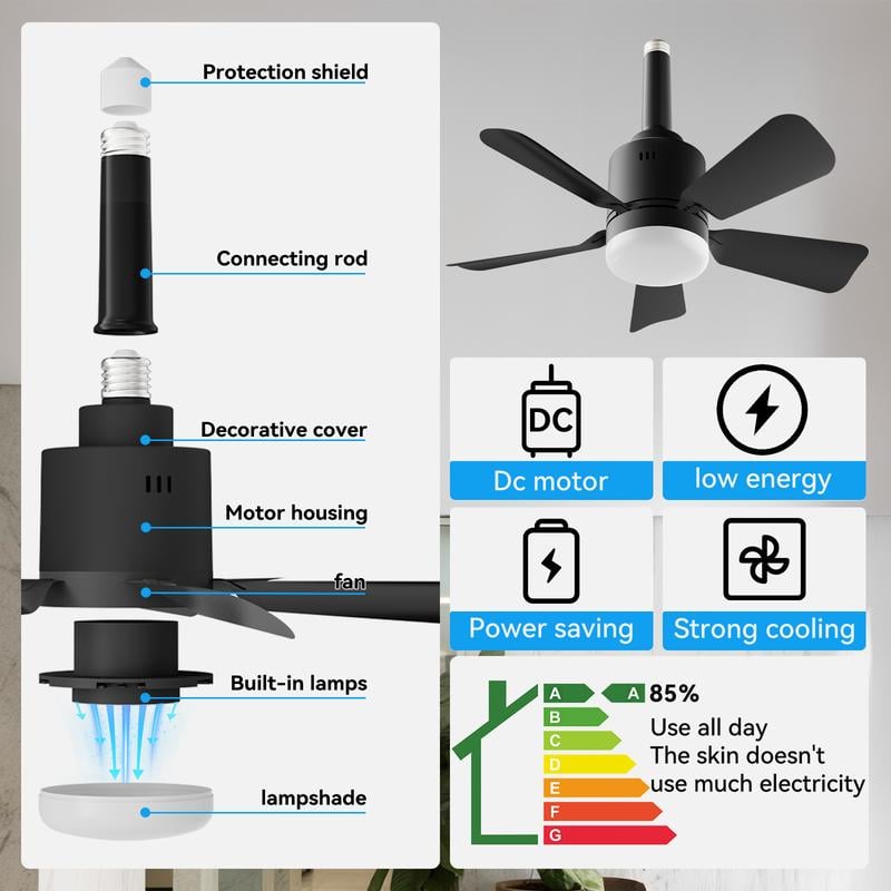 Product Introduction of Socket Breeze Socket Fan Light with Remote, Portable Small Ceiling Fans with Lights for Bedroom, Kitchen, Living Room, Ceiling Fan with Light 3500K, 1000 Lumens, Screws into E27 4