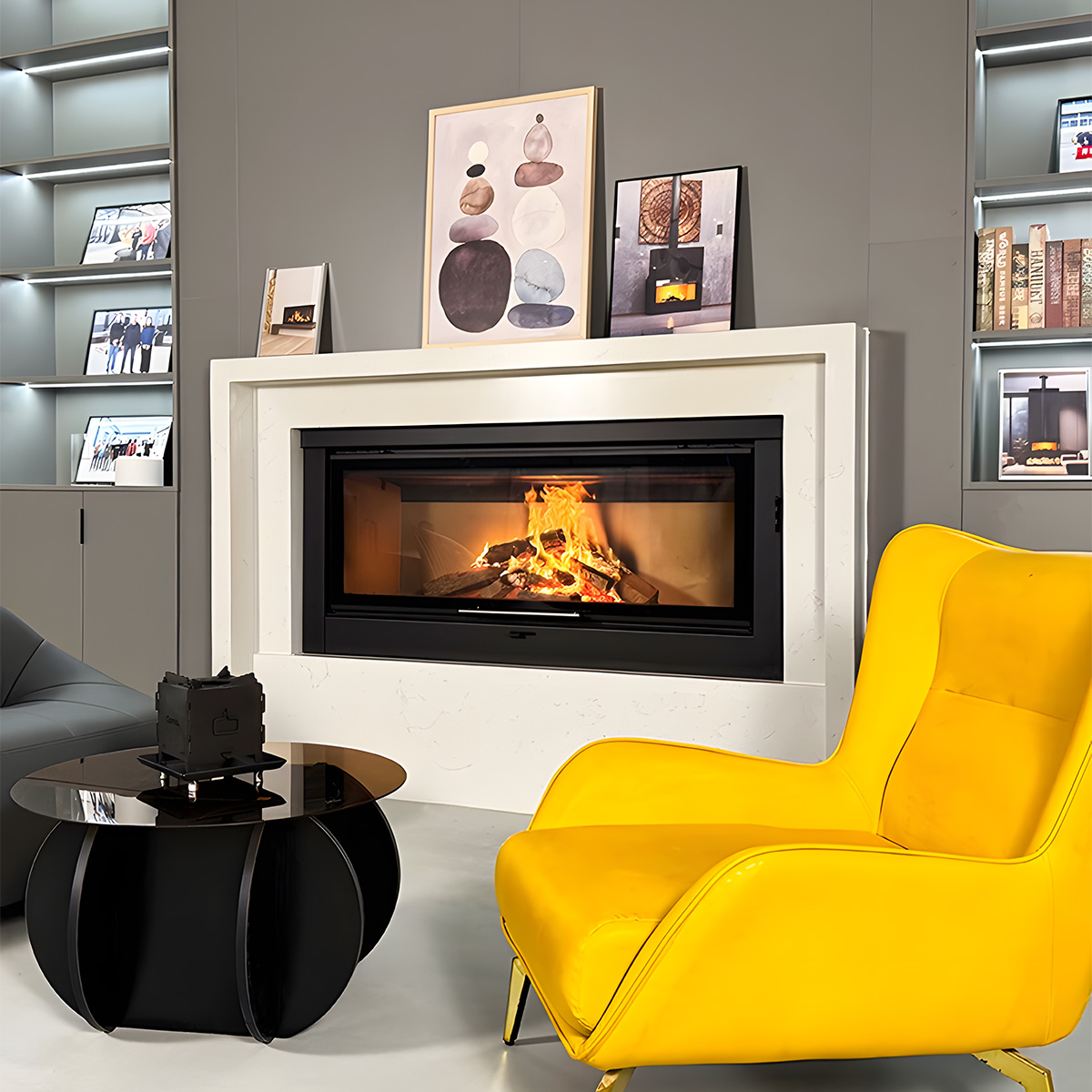 European style wood burning built-in fireplace with sliding door Ash7