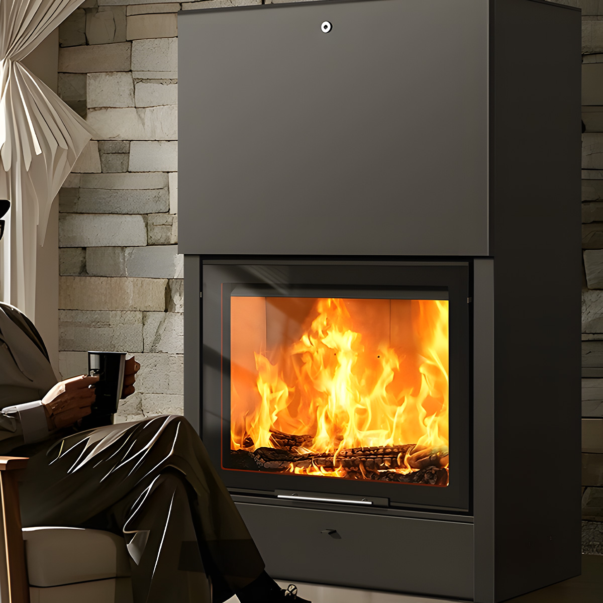 European style wood burning built-in fireplace with sliding door Ash7