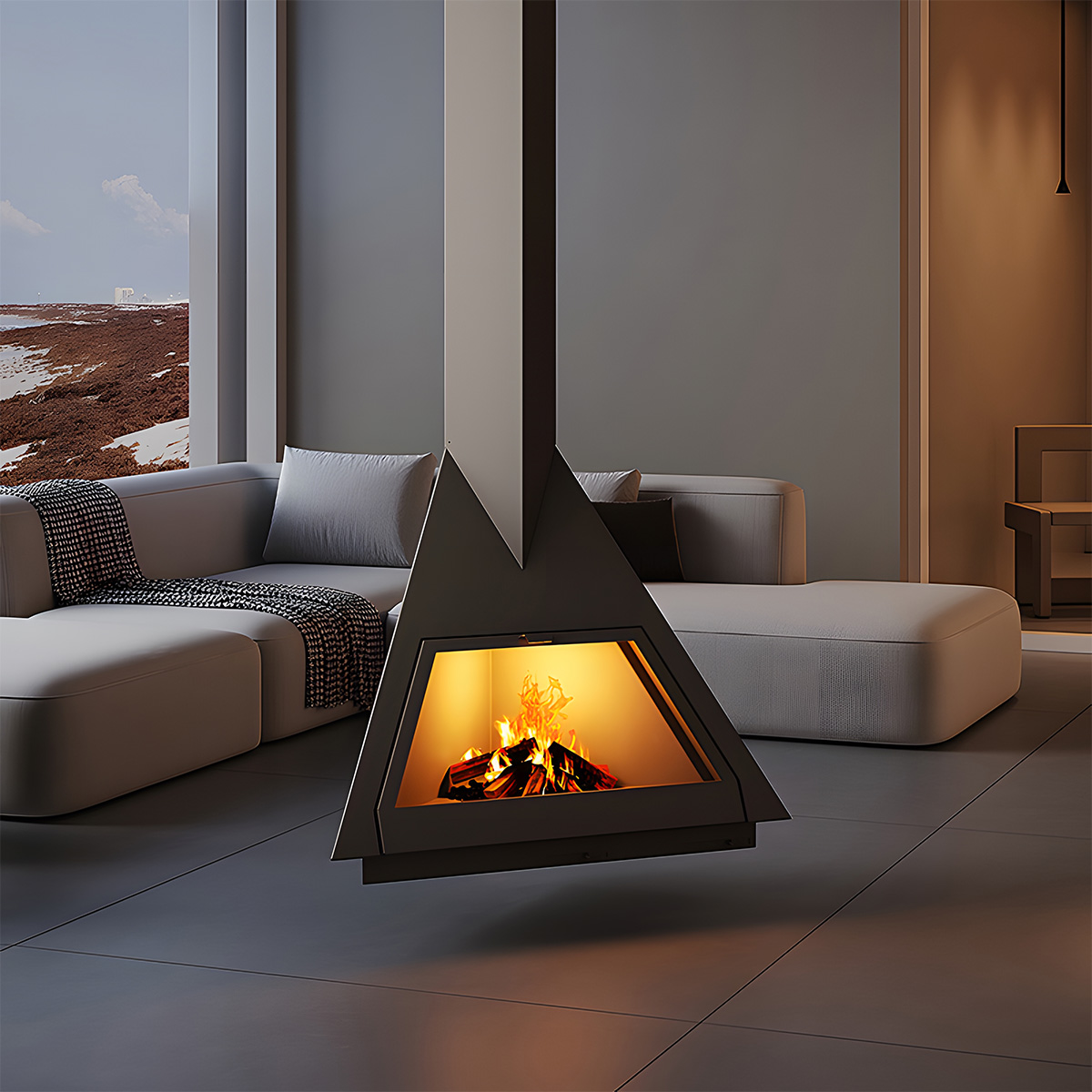 Triangular Suspended Wood Burning Fireplace Ash 4-Hearthartsinn