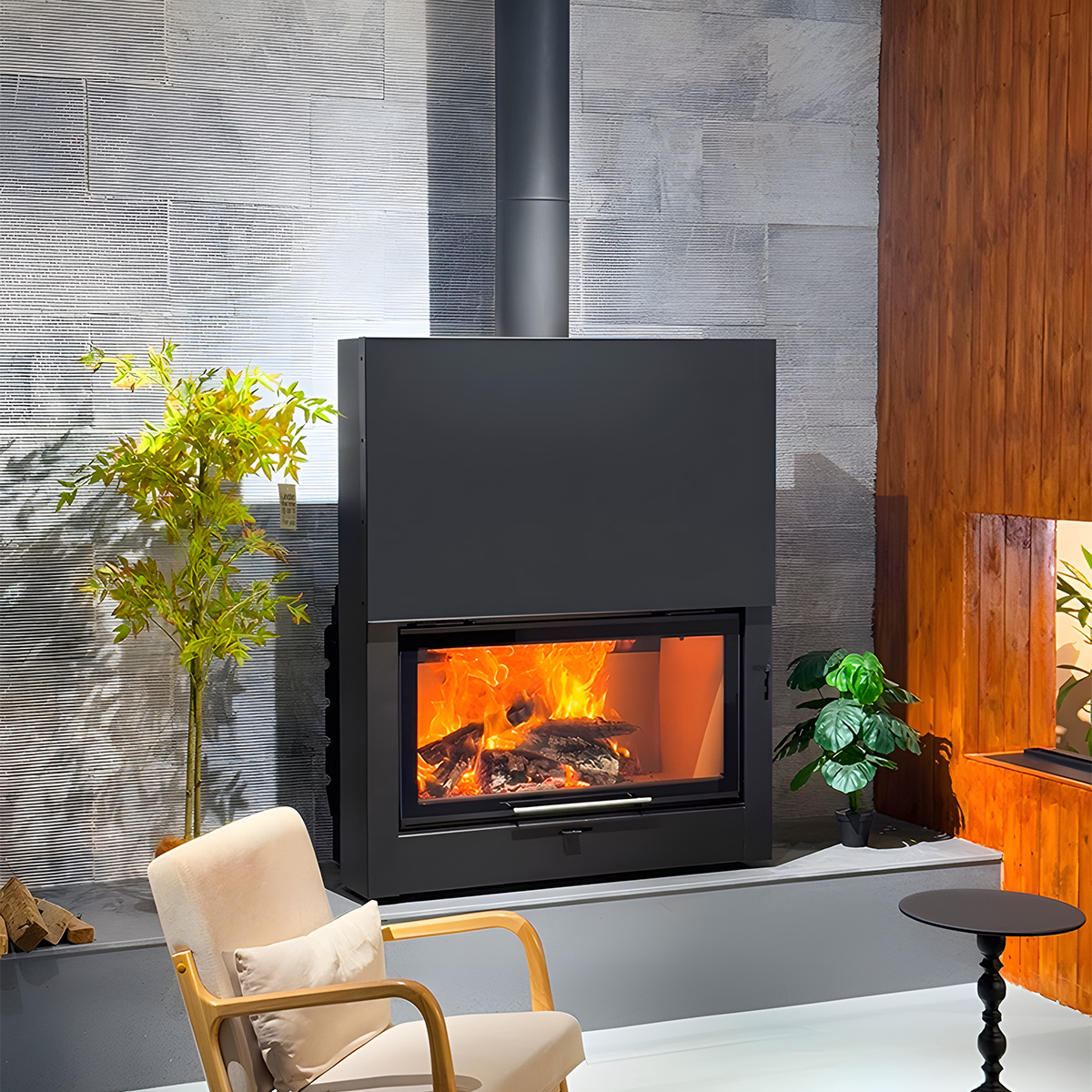 European style wood burning built-in fireplace with sliding door Ash7